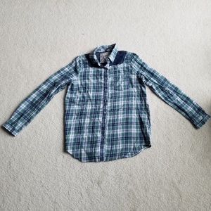 Blue and green plaid and lace button down shirt